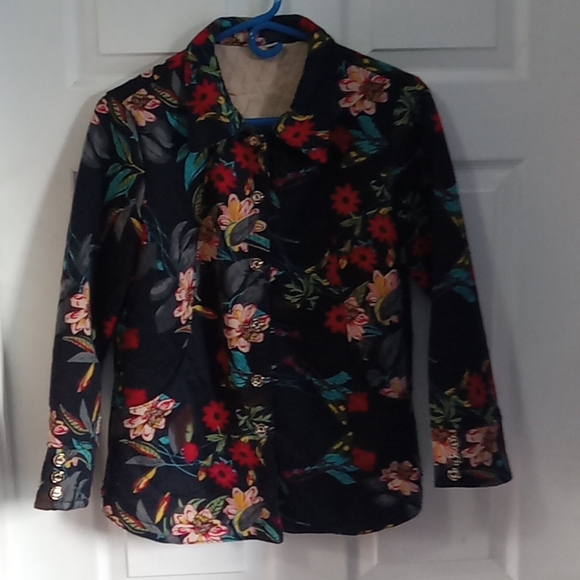 Women's Floral Print Light Jacket Size XL Black Coat w/ Gold Buttons - Picture 1 of 15